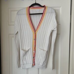 Minnie Rose striped Trim White Ribbed Cardigan
